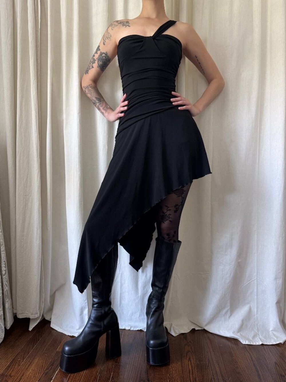Y2K One Shoulder Black Asymmetrical Dress Women's Size Medium | Stretch Goth